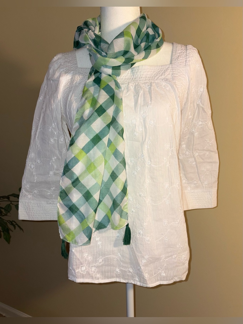 EUC Lightweight Fashion Scarf in Shades of Green/White Checkerboard-ish Pattern
